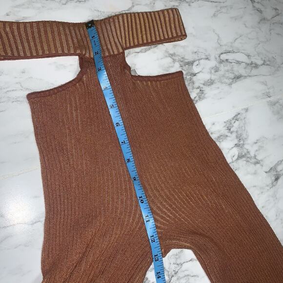 LES FRIDAY Ribbed Knit Waist Cut Out Bell Bottom Slit Pants Brown XS Stretch - Picture 7 of 10